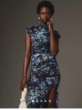 Anthropologie Maya Ruched Mesh midi dress in black blue floral